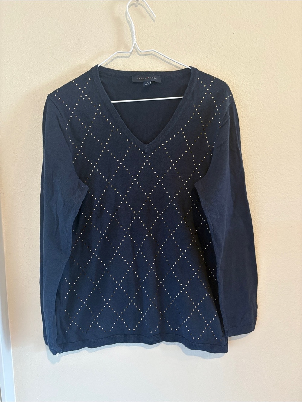 Tommy Hilfiger Navy Blue V-Neck Studded Long Sleeve Sweater 100% Cotton